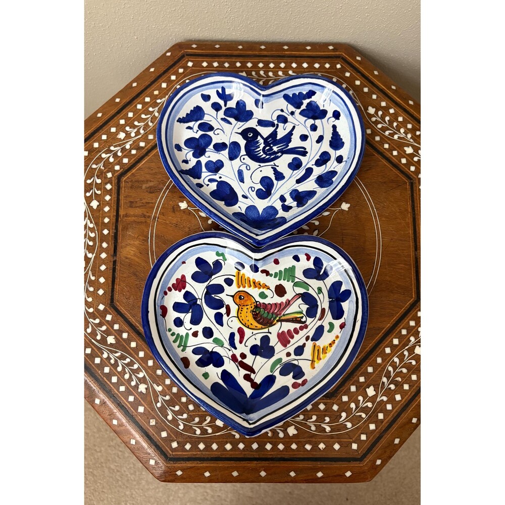 Vintage Italian Ceramic Heart Trinket Dishes: Bird & Floral Set